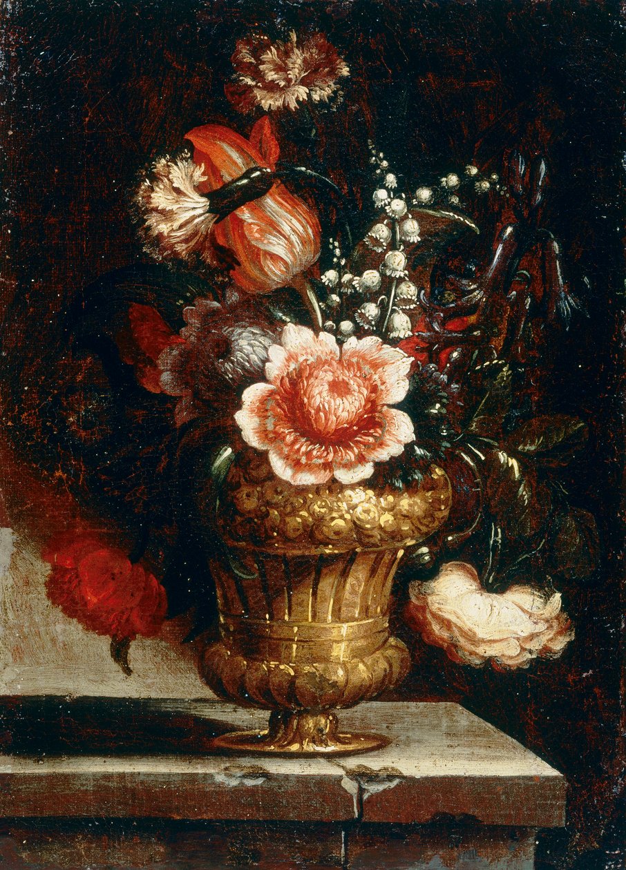 Vaso de metal com lírios do vale e outras flores de Andrea the Elder Scacciati