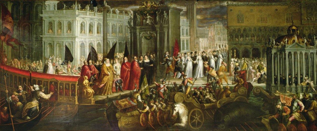 Chegada da Dogaressa Morosina Morosini Grimani ao Palácio Ducal, Veneza, c.1600 (óleo sobre tela) de Andrea Vicentino
