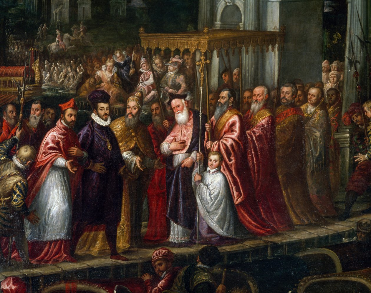Doge Mocenigo e o Patriarca Trevisan dão as boas-vindas a Henrique III ao Lido em 1574 de Andrea Vicentino