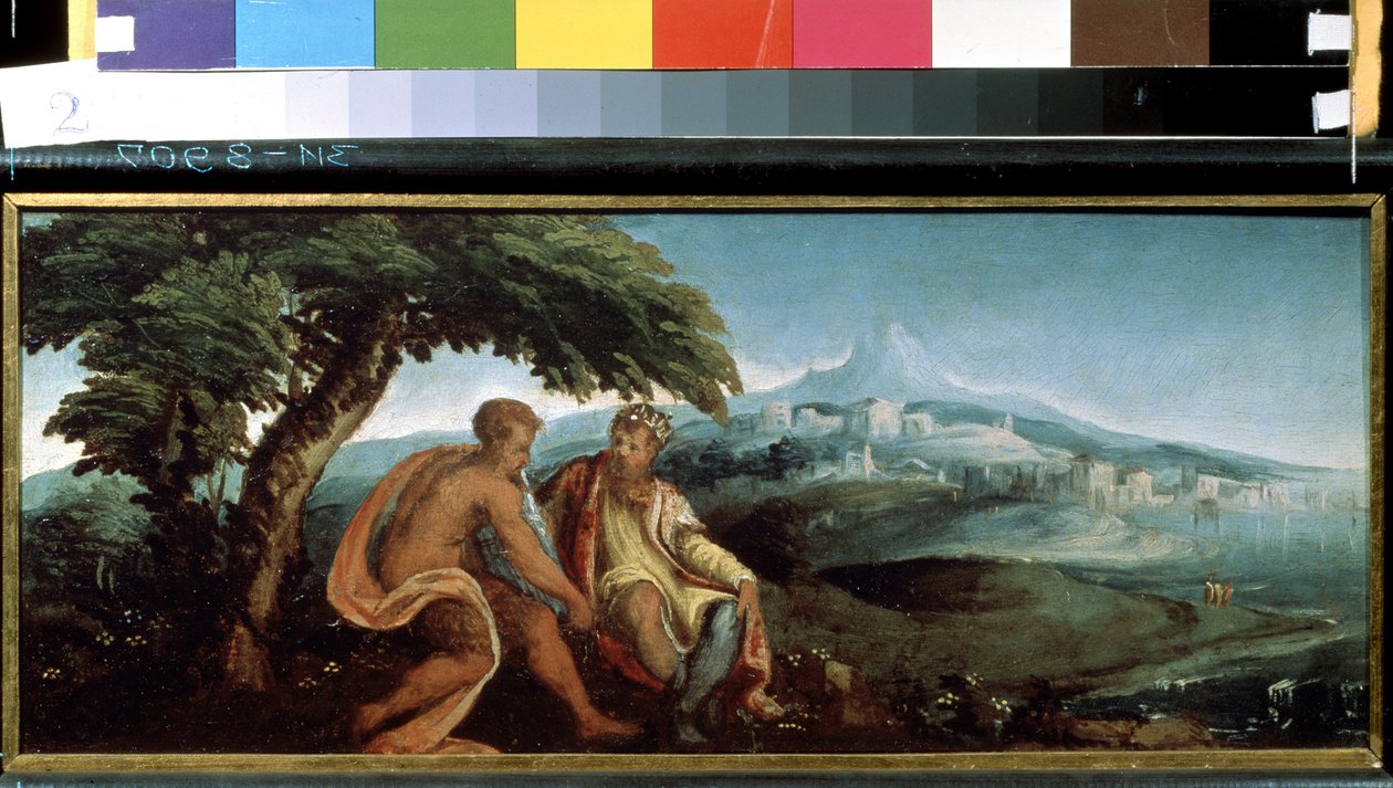 Rei Midas e Pan (Rei Midas e Pan). Pintura de Andrea Schiavone (por volta de 1520-1582). Óleo sobre tela de Andrea Schiavone