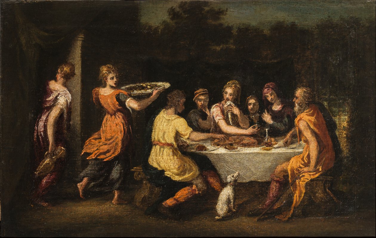 Lote que entretém os Anjos (óleo sobre tela sobre painel de madeira) de Andrea Schiavone