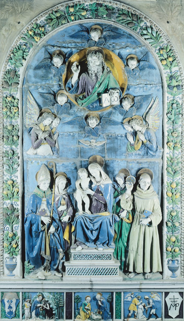 Madonna e Child com quatro santos, na Itália, Arezzo, Catedral (cerâmica) de Andrea (workshop of) Della Robbia