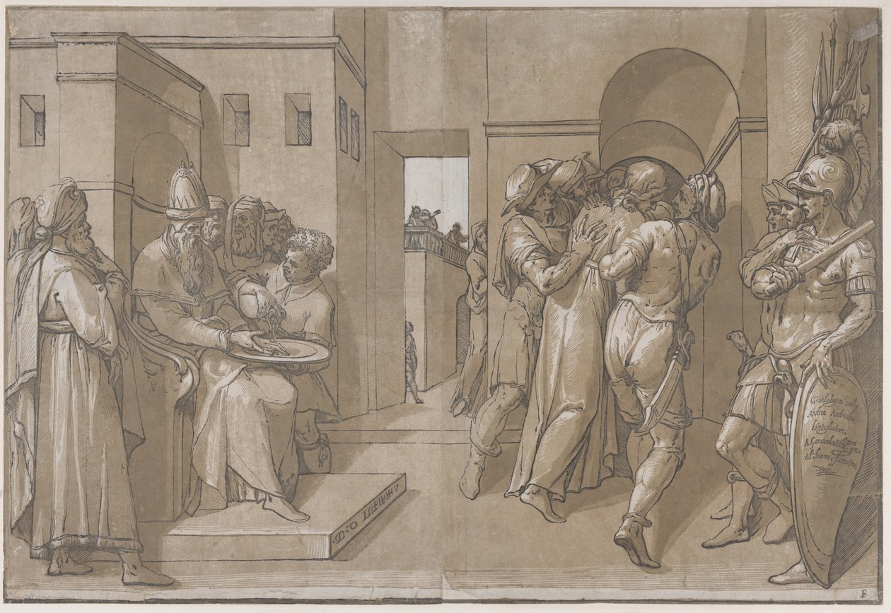 Cristo está sendo levado, soldados estão no lado direito do lençol, 1585. de Andrea Andreani