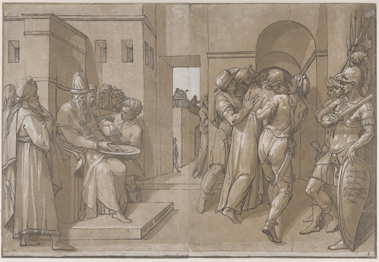 Pilatos à esquerda lavando as mãos lado esquerdo do lençol, 1585. de Andrea Andreani