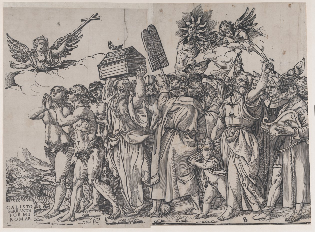 Seção A: um anjo segurando uma cruz no canto superior esquerdo, Adão e Eva abaixo, de O Triunfo de..., 1836. de Andrea Andreani