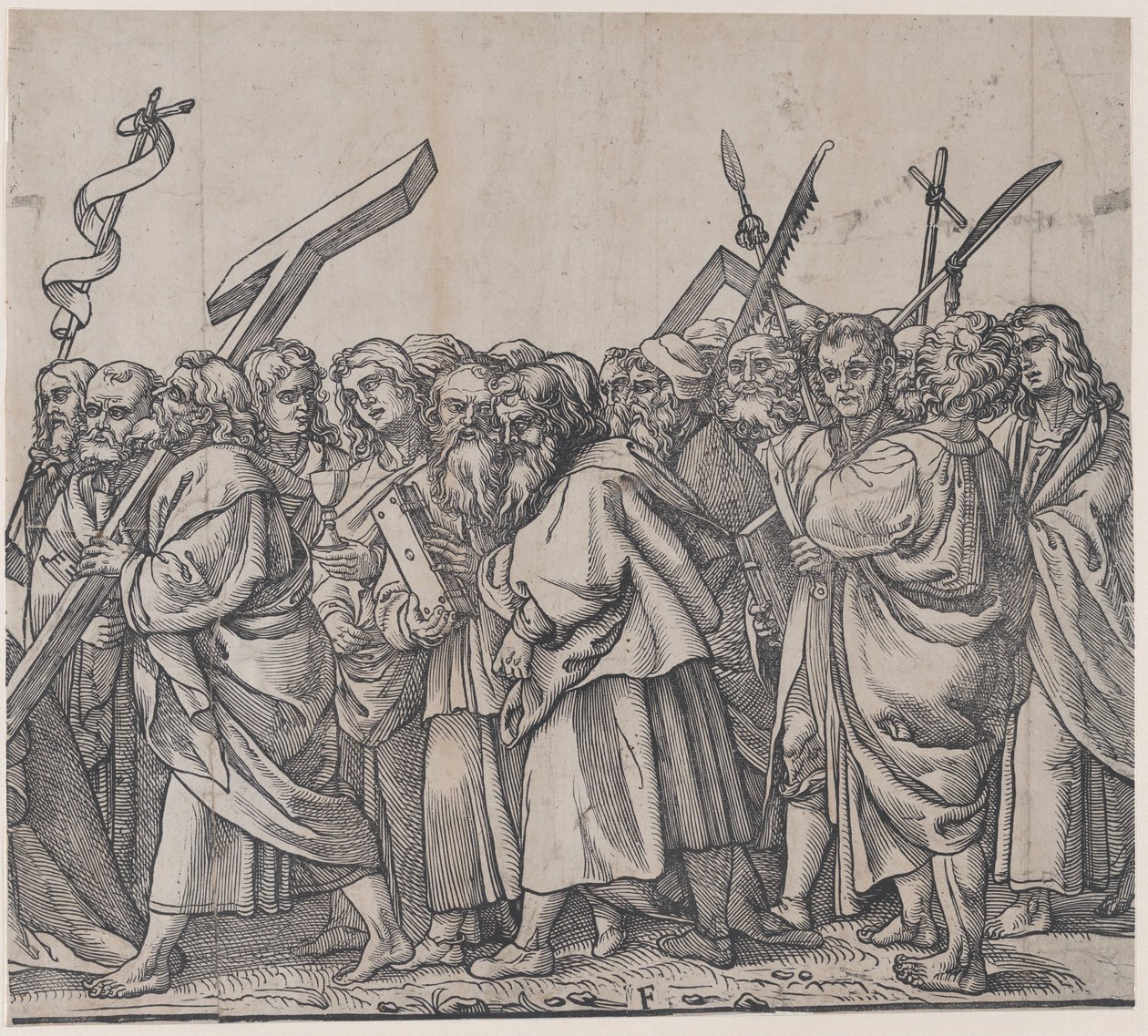 Seção F: Santos segurando cruzes, livros e armas, de O Triunfo de Cristo, 1836. de Andrea Andreani