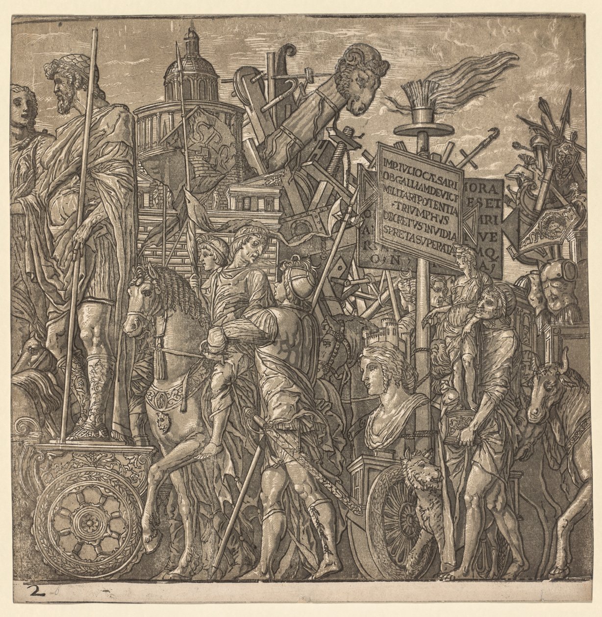 O triunfo de Júlio César: estátuas colossais e equipamento de cerco, 1593-99. de Andrea Andreani