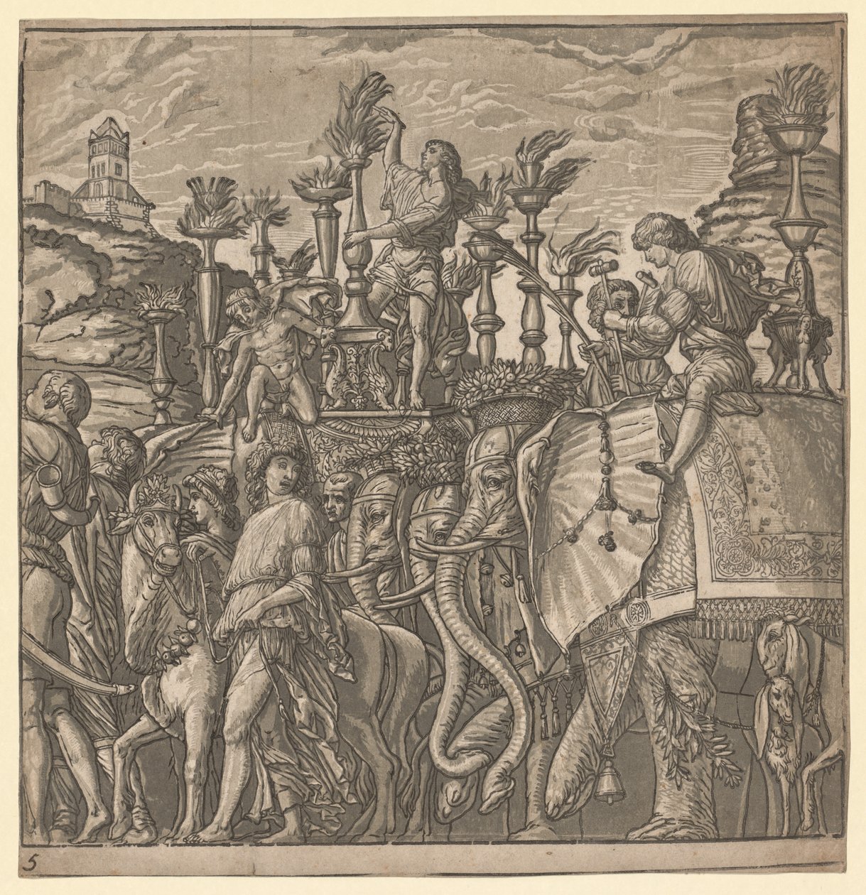 O triunfo de Júlio César: elefantes carregando tochas, 1593-99. de Andrea Andreani