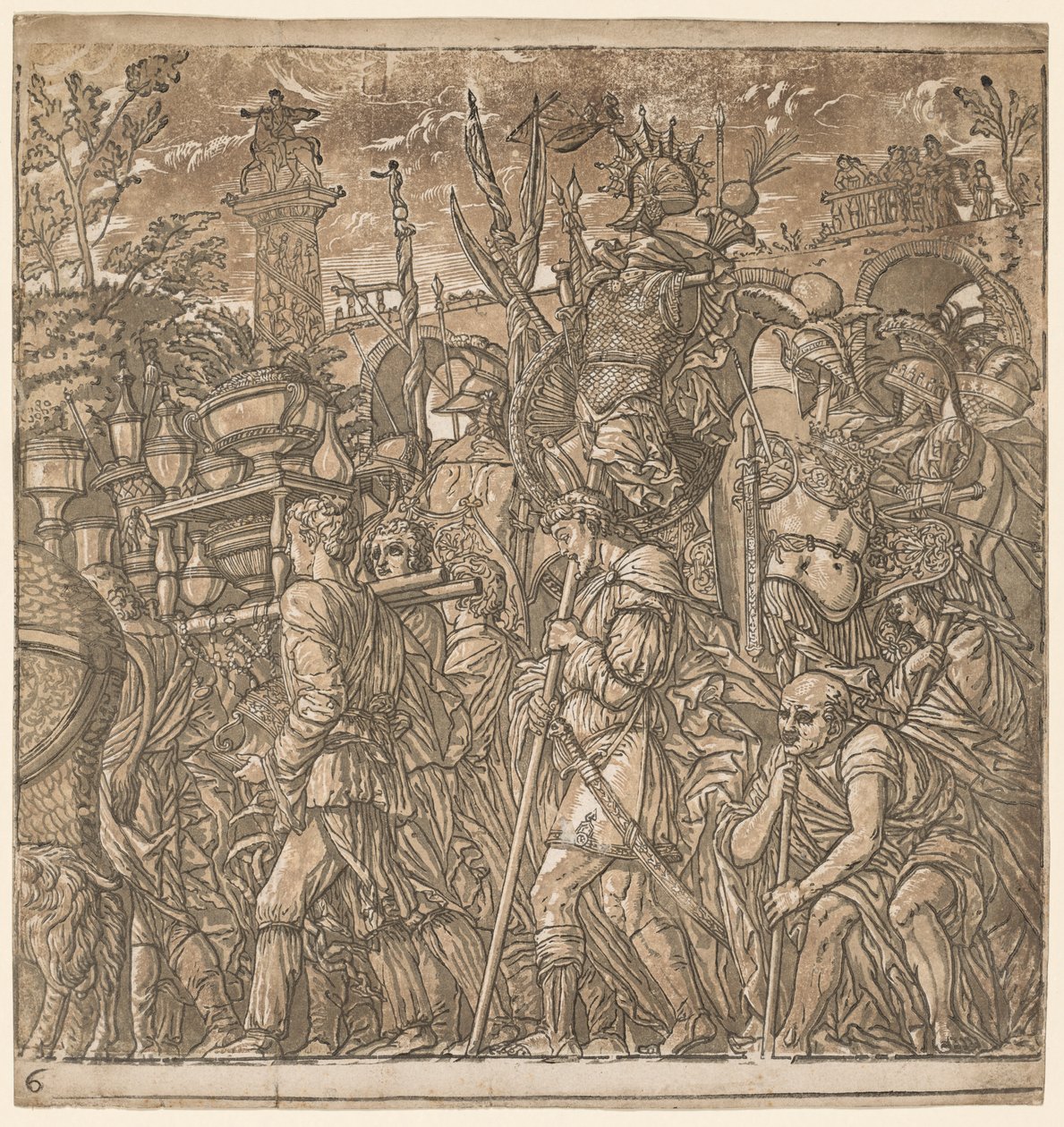 O triunfo de Júlio César: soldados carregando vasos e troféus de guerra, 1593-99. de Andrea Andreani