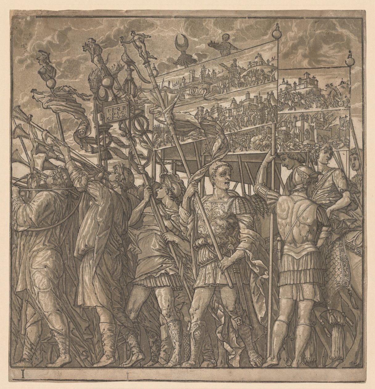 O triunfo de Júlio César: soldados carregando as imagens da guerra, 1593-99. de Andrea Andreani