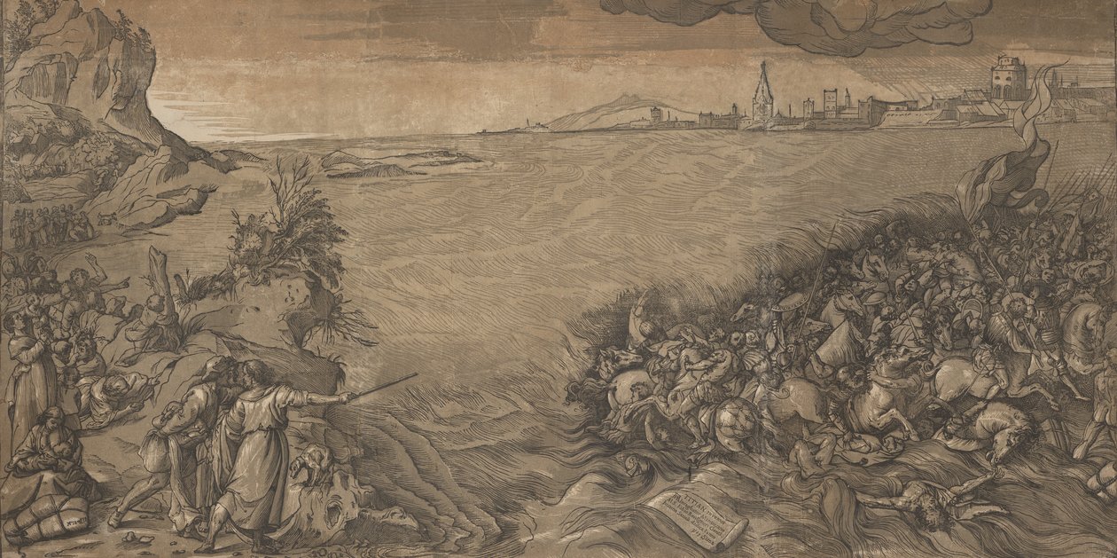 A travessia do mar vermelho, Moisés fica à esquerda apontando para o exército sendo submerso..., 1589. de Andrea Andreani