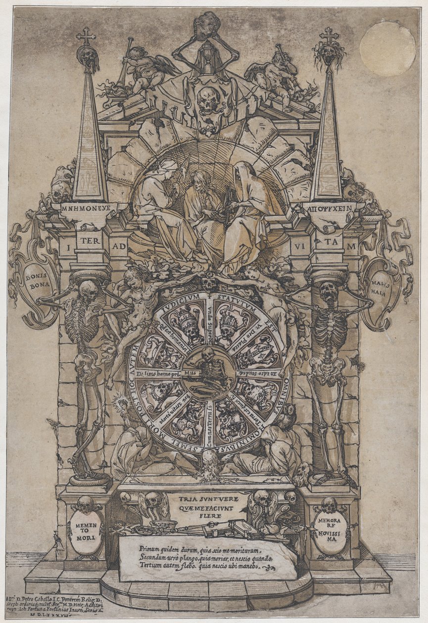 Triunfo da Morte com três destinos em uma moldura arquitetônica sobre um flanco de roda da fortuna..., 1588. de Andrea Andreani