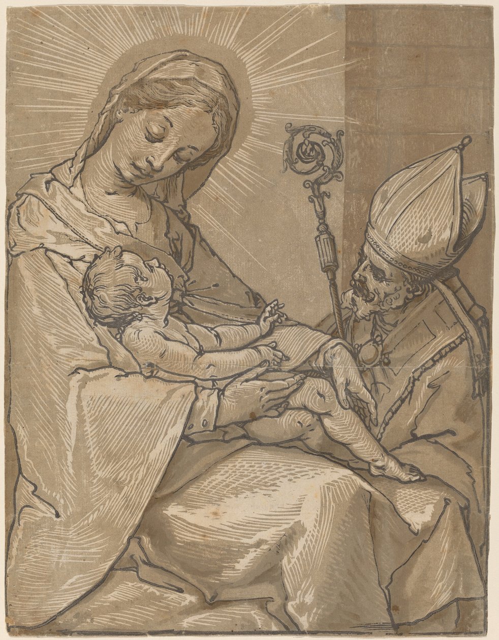 Madonna e criança com um bispo de Andrea Andreani after Alessandro Casolani