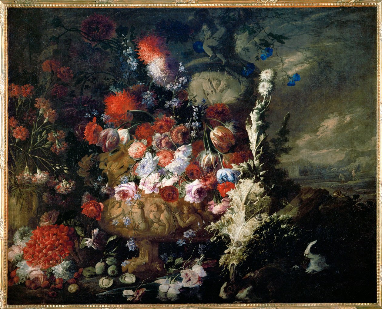 Vaso com flores e frutos numa paisagem - Vase de fleurs et fruits dans un paysage ... de Andrea Belvedere