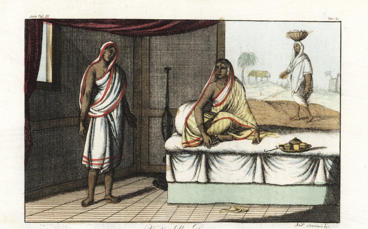 Diferentes tipos de sari e roupas usadas pelas mulheres indianas. Mulher de distinção em sári e véu sentada no sofá, e mulher de baixa patente em sári curto. Placa de cobre colorida à mão desenhada e gravada por Andrea Bernieri depois de François Solvyns d de Andrea Bernieri