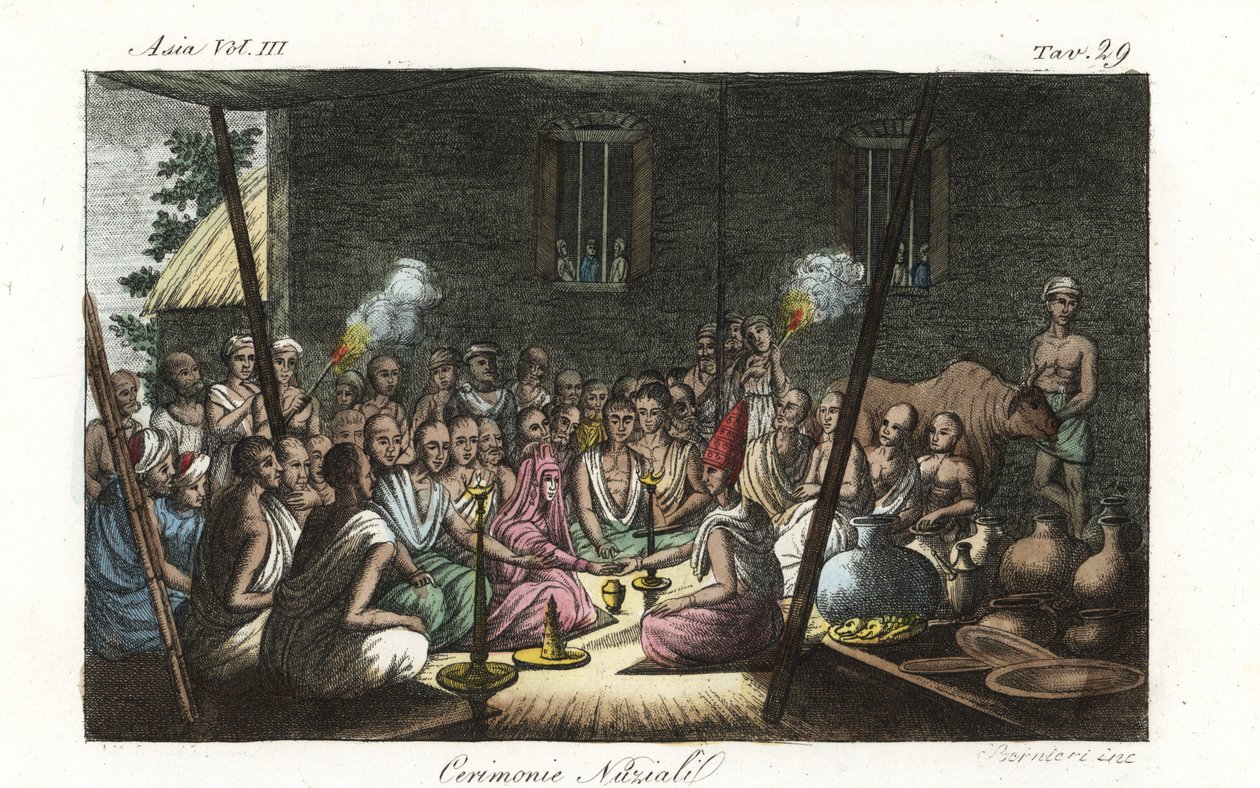 Cerimónia de casamento de brahmin hindu ou Bibaha realizada na casa da esposa. Chapa de cobre colorida à mão desenhada e gravada por Andrea Bernieri, depois de François Solvyns dos trajes antigos e modernos de Giulio Ferrario de todos os povos do mundo, Fl de Andrea Bernieri