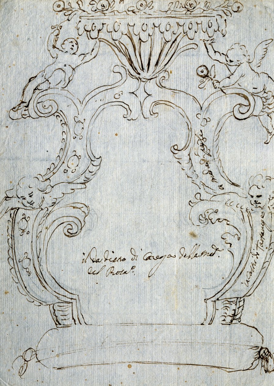 Sketch para costas de cadeira, ca. 1715, de Andrea Brustolon (1662-1732), lápis e caneta sobre papel branco, Itália de Andrea Brustolon