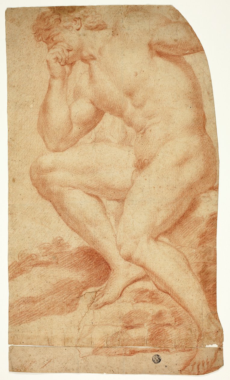 Nu masculino acadêmico sentado de perfil à esquerda de Andrea Camassei