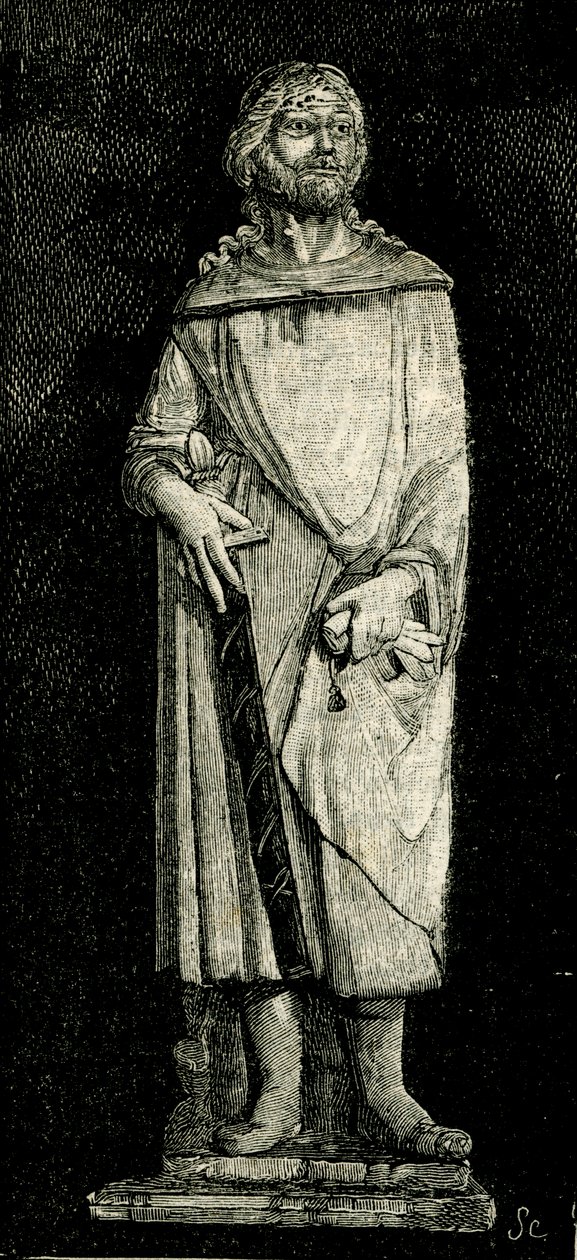 Juliano o Hospitaleiro, estátua de Andrea Della Robbia (1435-1525 ou 1528), oratório da Madonna del Buon Consiglio, Prato, Toscana, Itália, xilogravura de Le cento citta d