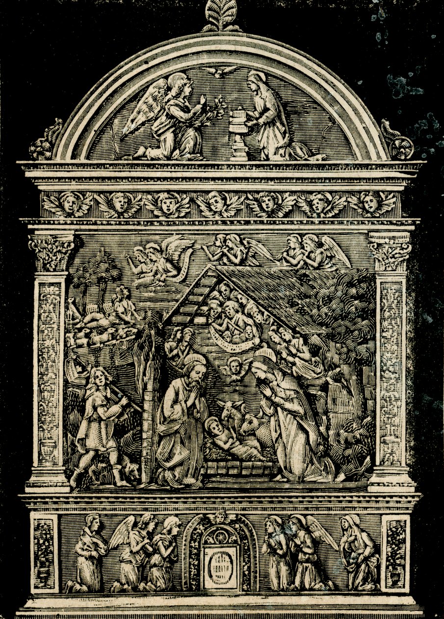 Natividade, retábulo em terracota de Andrea della Robbia, da igreja de Santa Clara, Museu Cívico de Sansepolcro, Toscana, Itália, xilogravura de Le cento citta d