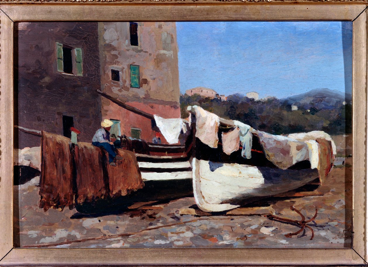 Paisagem de Barcos na Orla Marítima (óleo sobre tela de Andrea Figari
