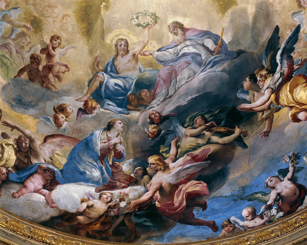 Coroação de Virgem, afresco pintado em 1699 por Andrea Lanzani (1641-1712) em coro do Santuário de Incoronata, Lodi. Itália de Andrea Lanzani