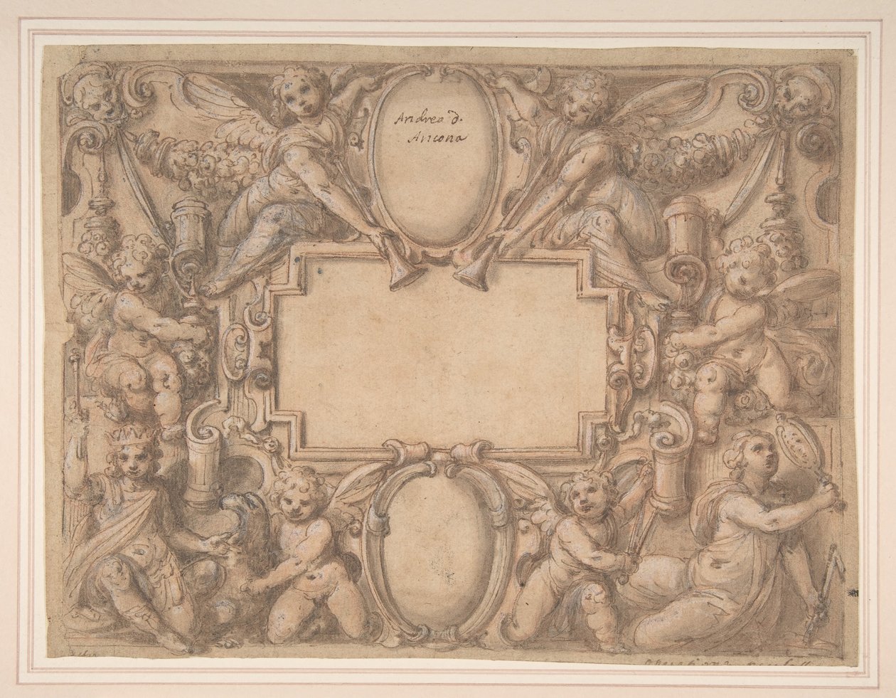 Uma cartela e dois escudos cercados por figuras alegóricas., 1570-1631. de Andrea Lilli
