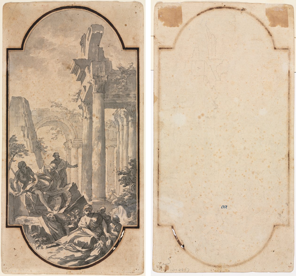 Figuras próximas às ruínas de um templo coríntio (reto); Fragmento de um Arco (traçado do reto) (verso) de Andrea Locatelli