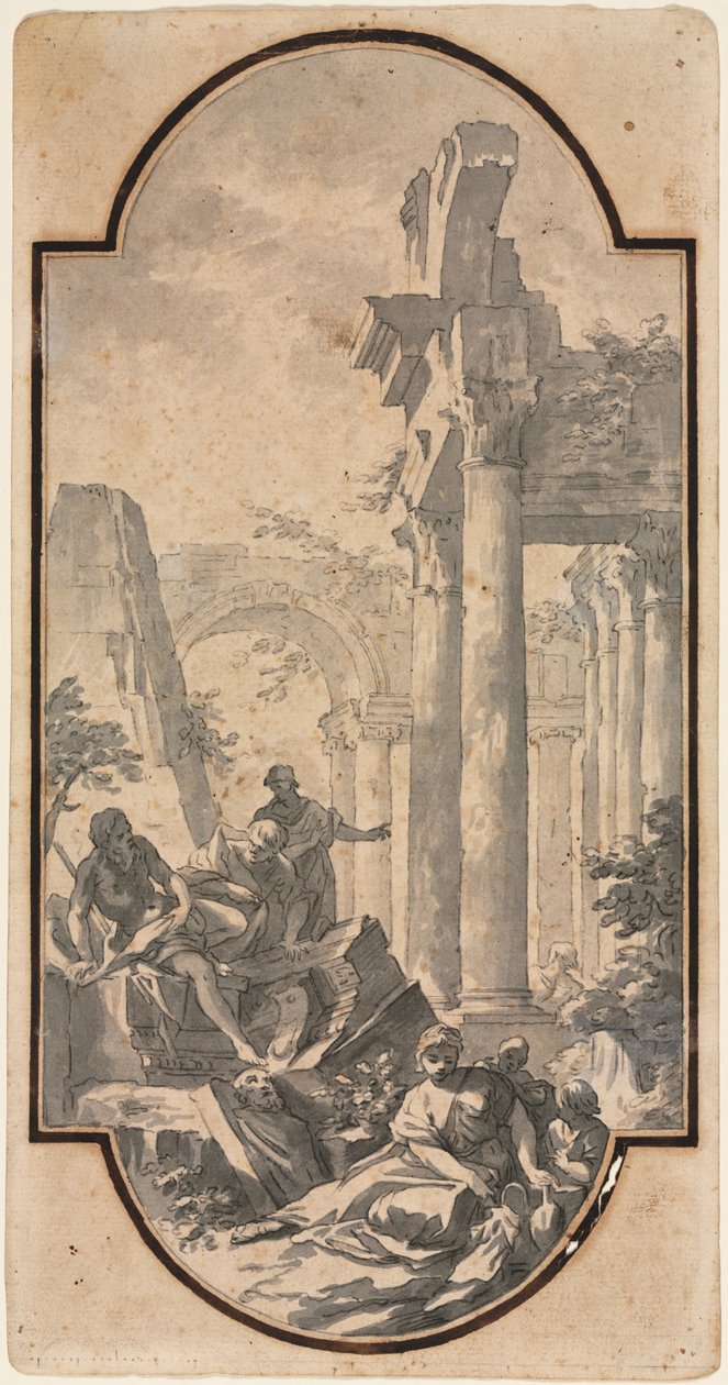 Figuras perto das ruínas de um templo de Corinto reto, fragmento de um arco traçado de reto de Andrea Locatelli