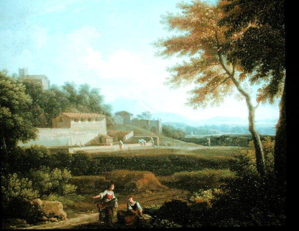 Paisagem com figuras em repouso com uma cidade além (óleo sobre tela) de Andrea Locatelli