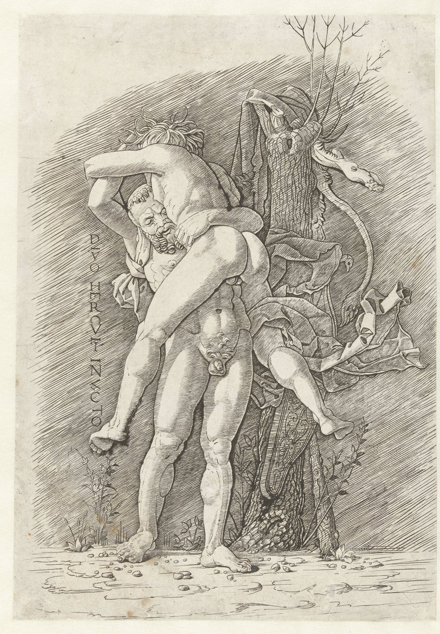 Hercules en Antaeus
Divo Herculi invicto (título sobre o objecto) de Andrea Mantegna (school of)