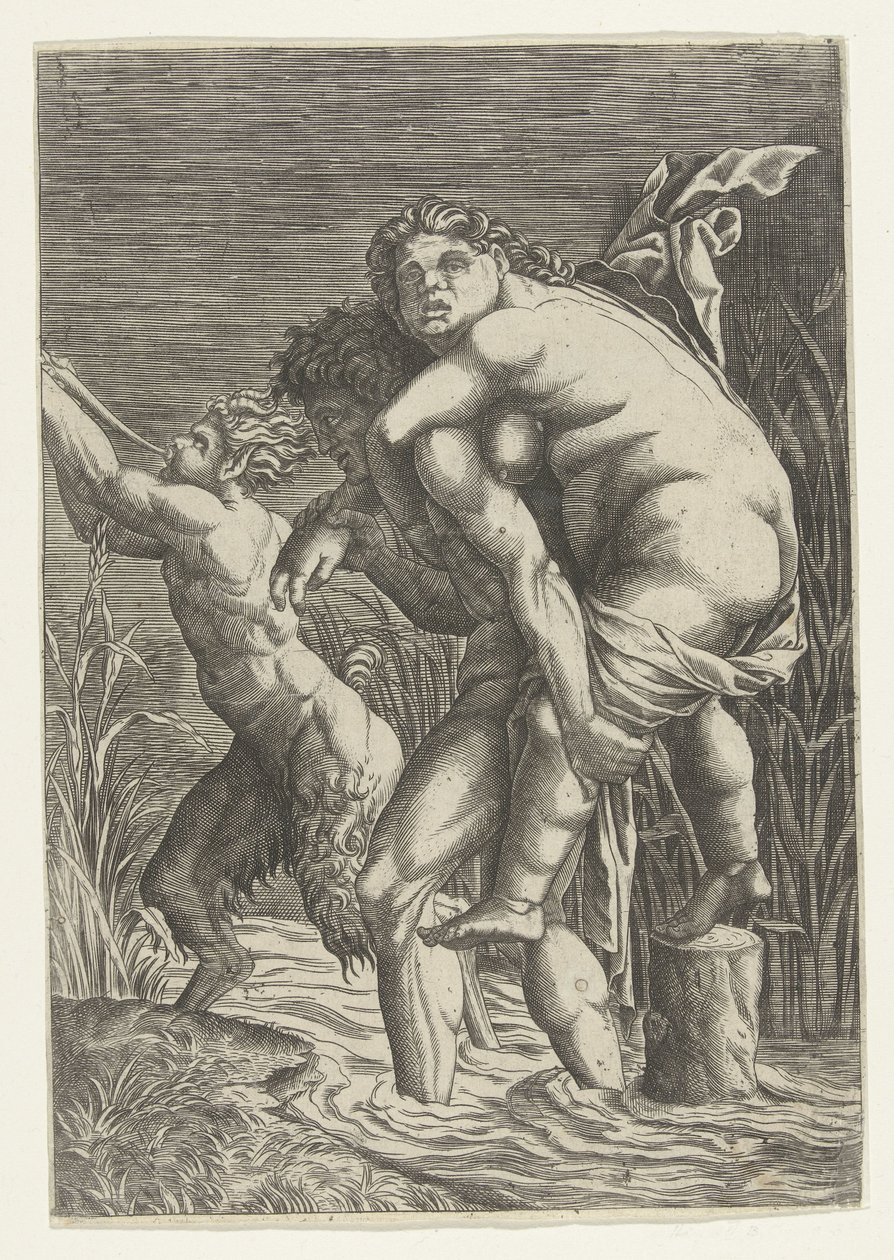 O homem carrega a mulher às costas e um sátiro de Andrea Mantegna (school of)