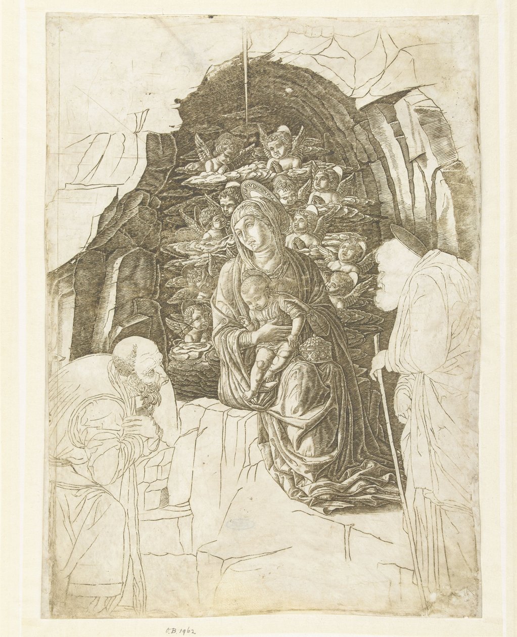 Maria e criança rodeadas de anjos em caverna com José e rei em adoração de Andrea Mantegna (school of)