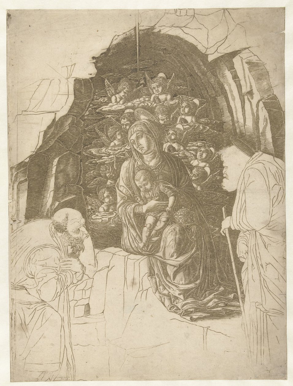 Maria e criança rodeadas de anjos em caverna com José e rei em adoração de Andrea Mantegna (school of)