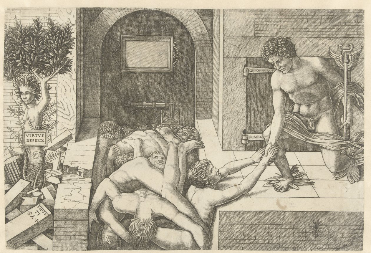Mercúrio como personificação da Virtude salva almas no Limbo e Daphne se transforma em árvore Virtus Deserta (título no objeto) de Andrea Mantegna (school of)