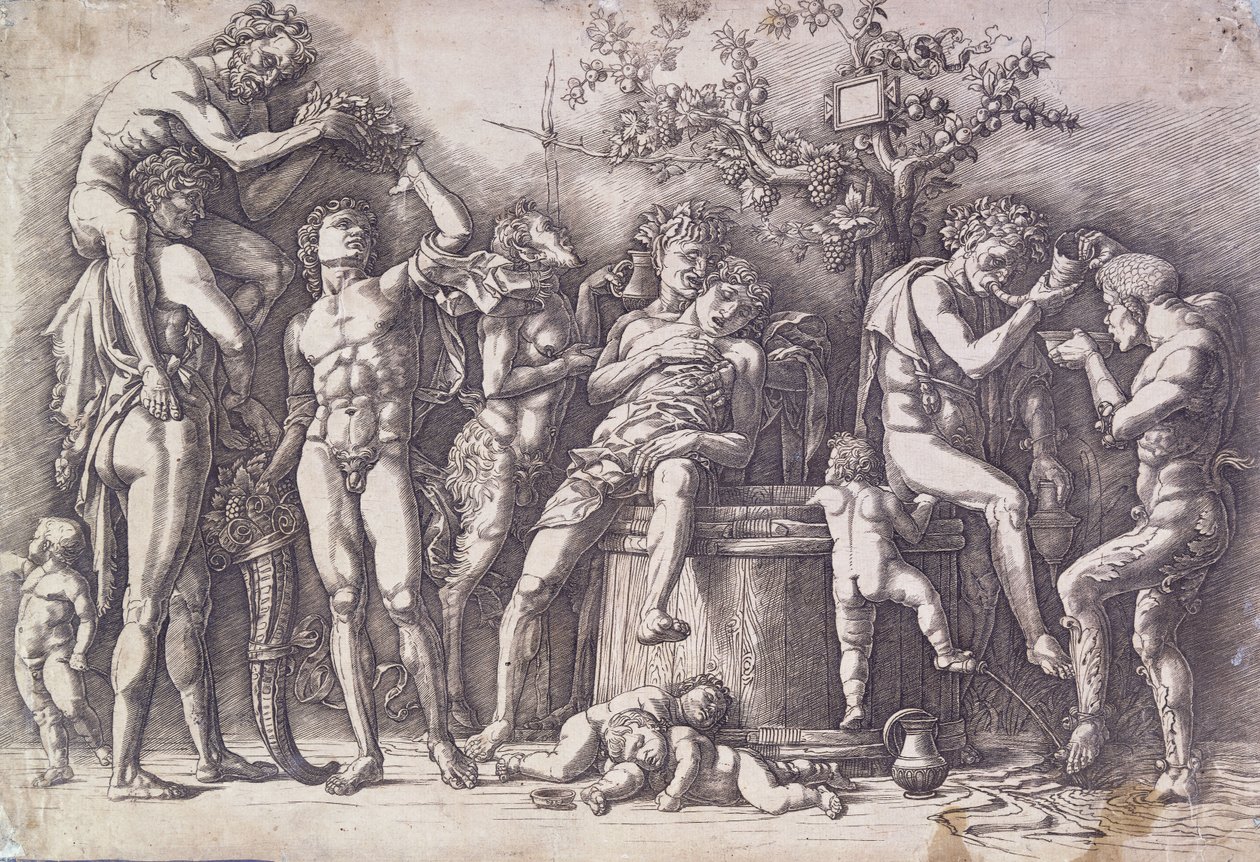 Um bacanal com uma prensa de vinho, c. 1475 de Andrea Mantegna