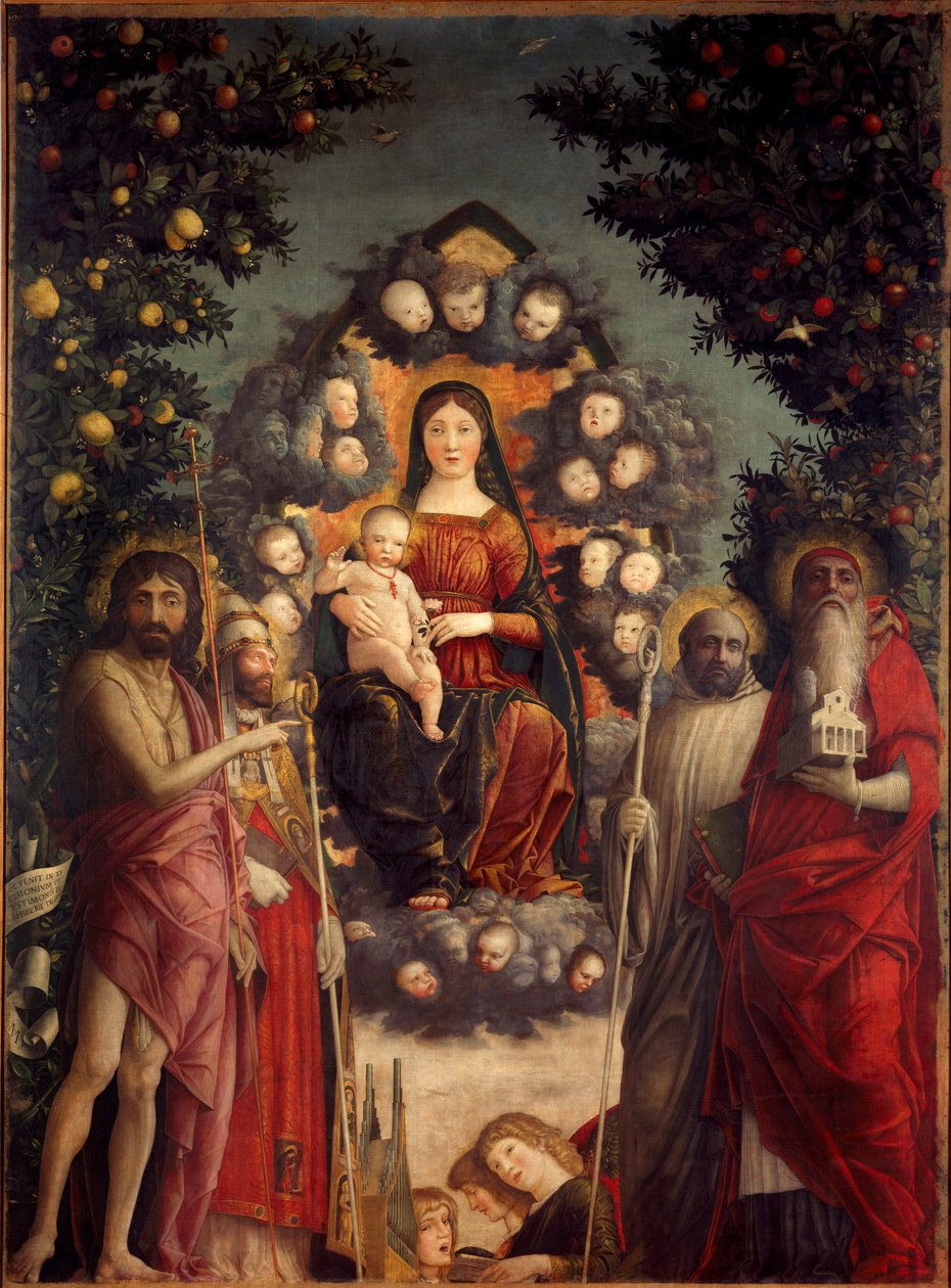 Altarpiece Trivulzio "A Santa Conversa" A Virgem e Jesus Cristo representados em um mandorla. Eles estão rodeados por São João Batista, Papa São Gregório I o Grande (540-604), São Jerônimo (levando uma igreja e livros), São Bento (dre de Andrea Mantegna