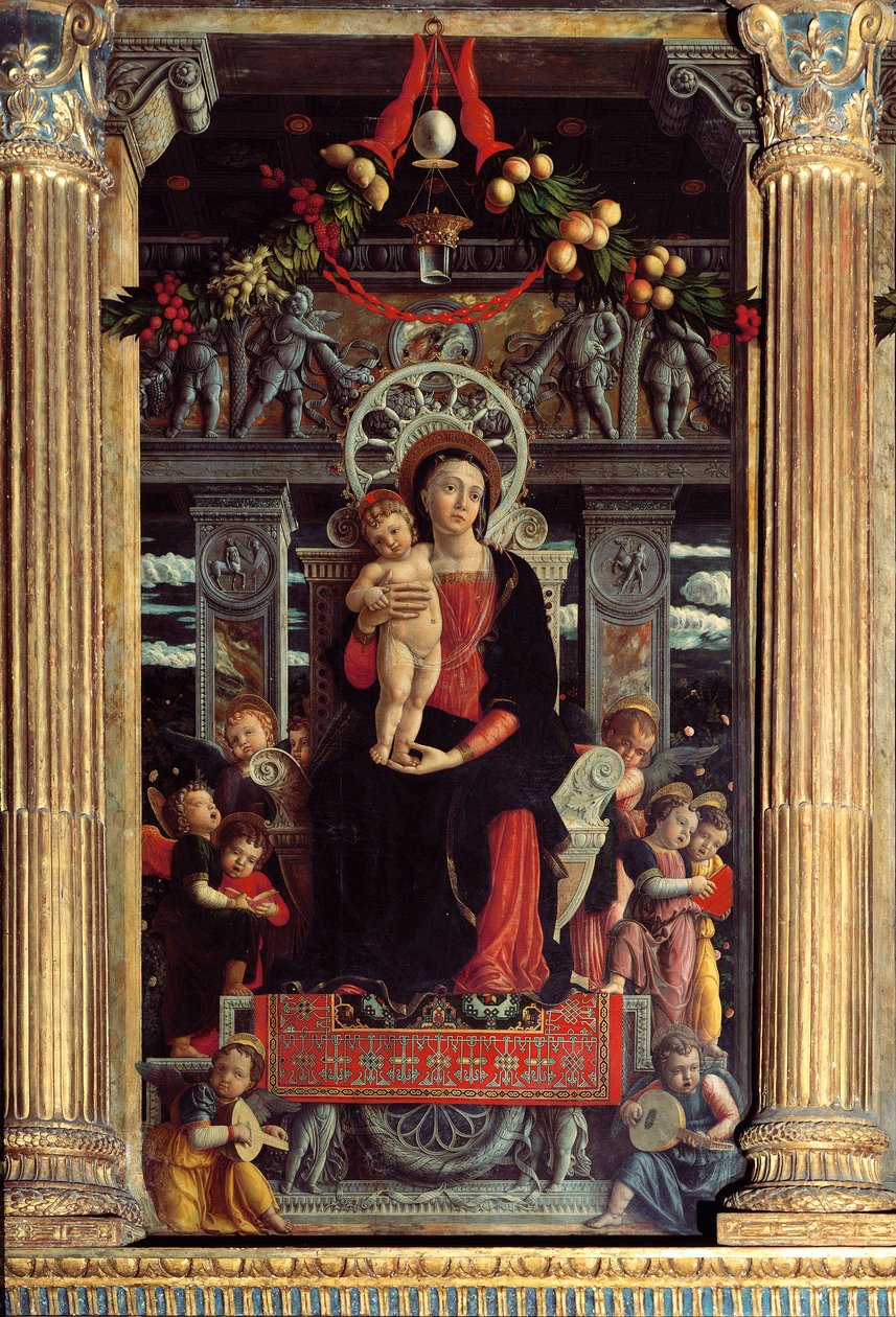 Altarpe de San Zeno: painel central "Madonna a Child with Nine Angels" Pintura de Andrea Mantegna (1431-1506) 1457-1459 Verone, Basílica de San Zeno, Itália de Andrea Mantegna