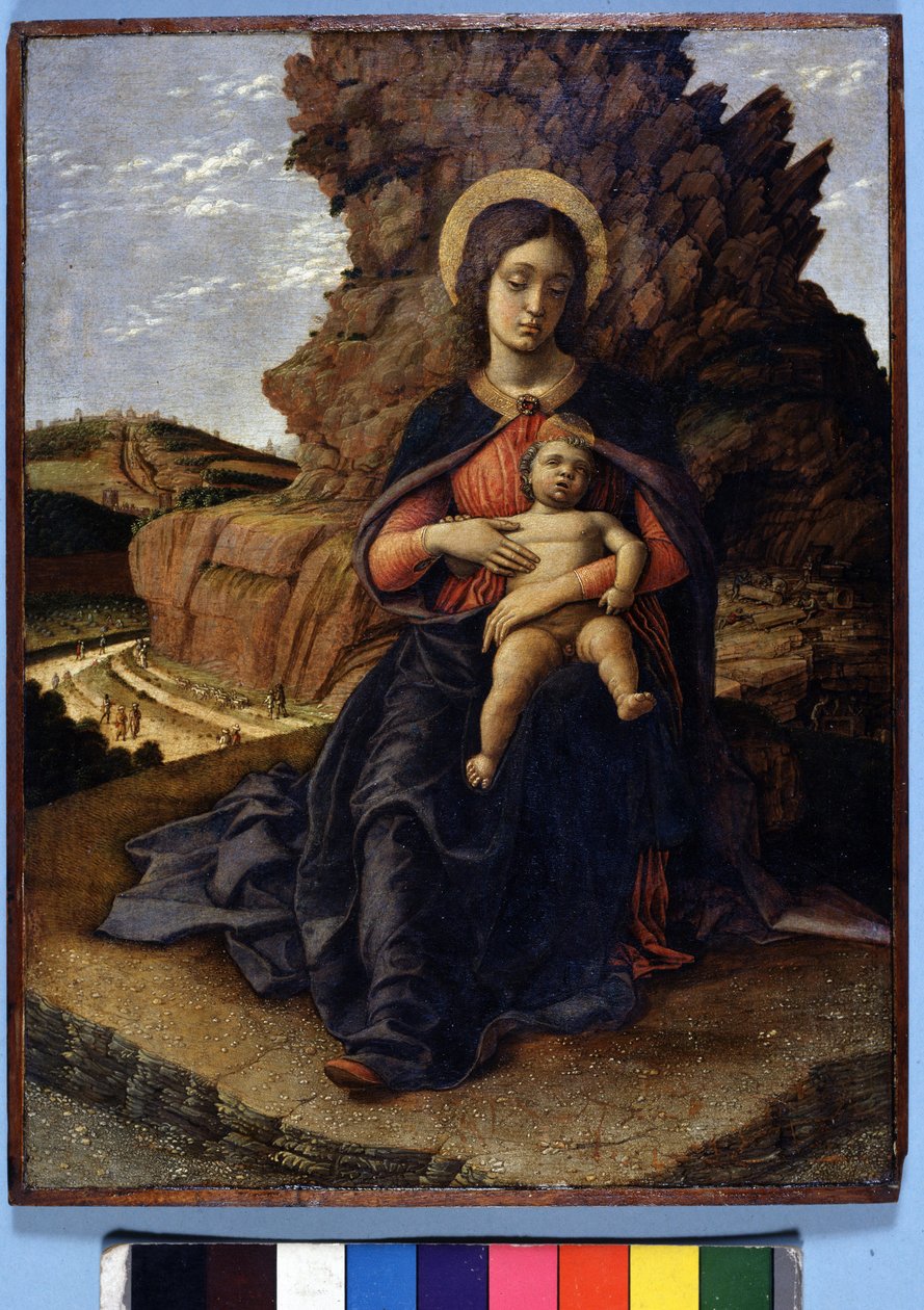Andrea Mantegna, A "Virgem das Pedreiras": Virgem e Criança e nas pedreiras de pedra de fundo com trabalhadores a trabalhar, Galeria Uffizi, Florença de Andrea Mantegna