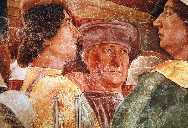 Chegada do cardeal Francesco Gonzaga, detalhe de Mantegna e cortesãos do lado direito, c.1465-74 (detalhe de 78454) de Andrea Mantegna