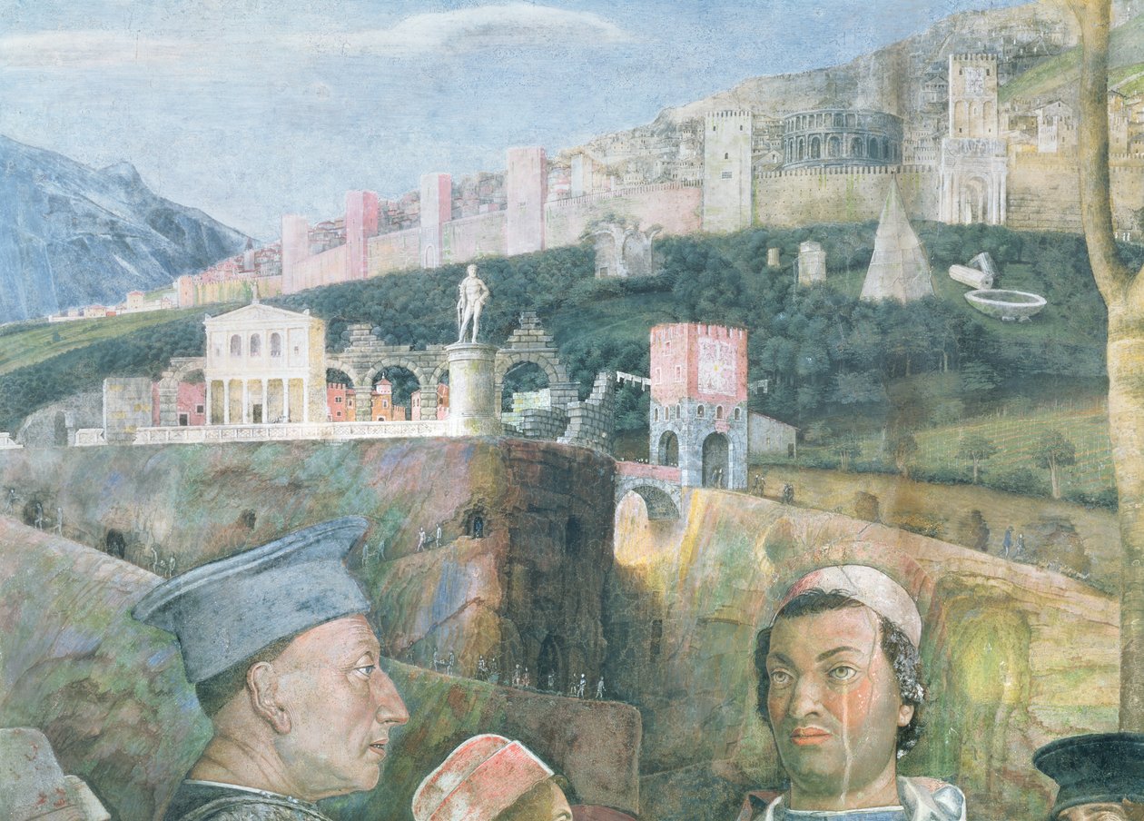 Chegada do cardeal Francesco Gonzaga; detalhe do fundo mostrando uma visão idealizada de Roma, da câmera degli Sposi ou câmera Picta, detalhe afresco 1465-74 de 78449 de Andrea Mantegna