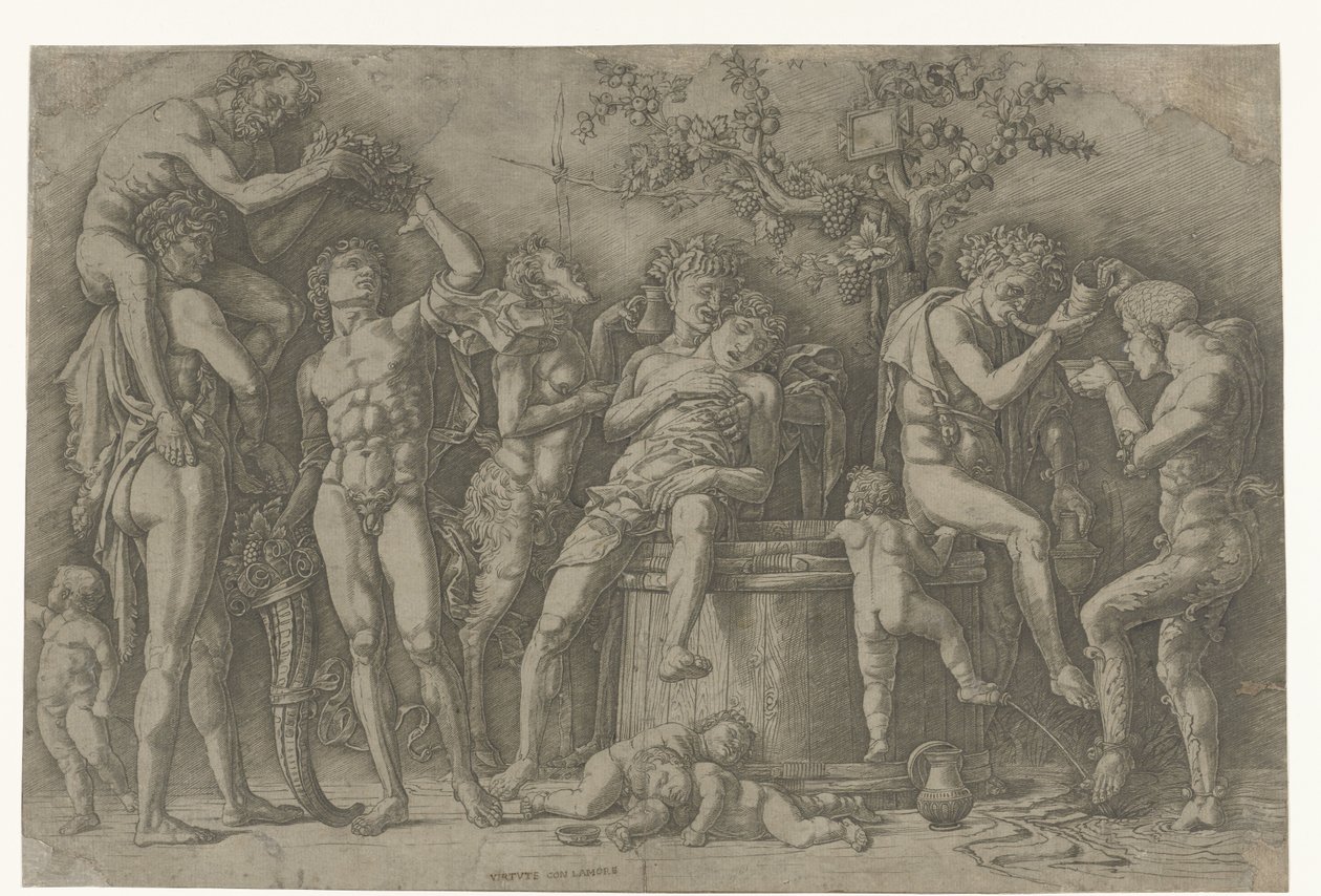 Bacanal com sátiros e bacanais em lagar de vinho de Andrea Mantegna