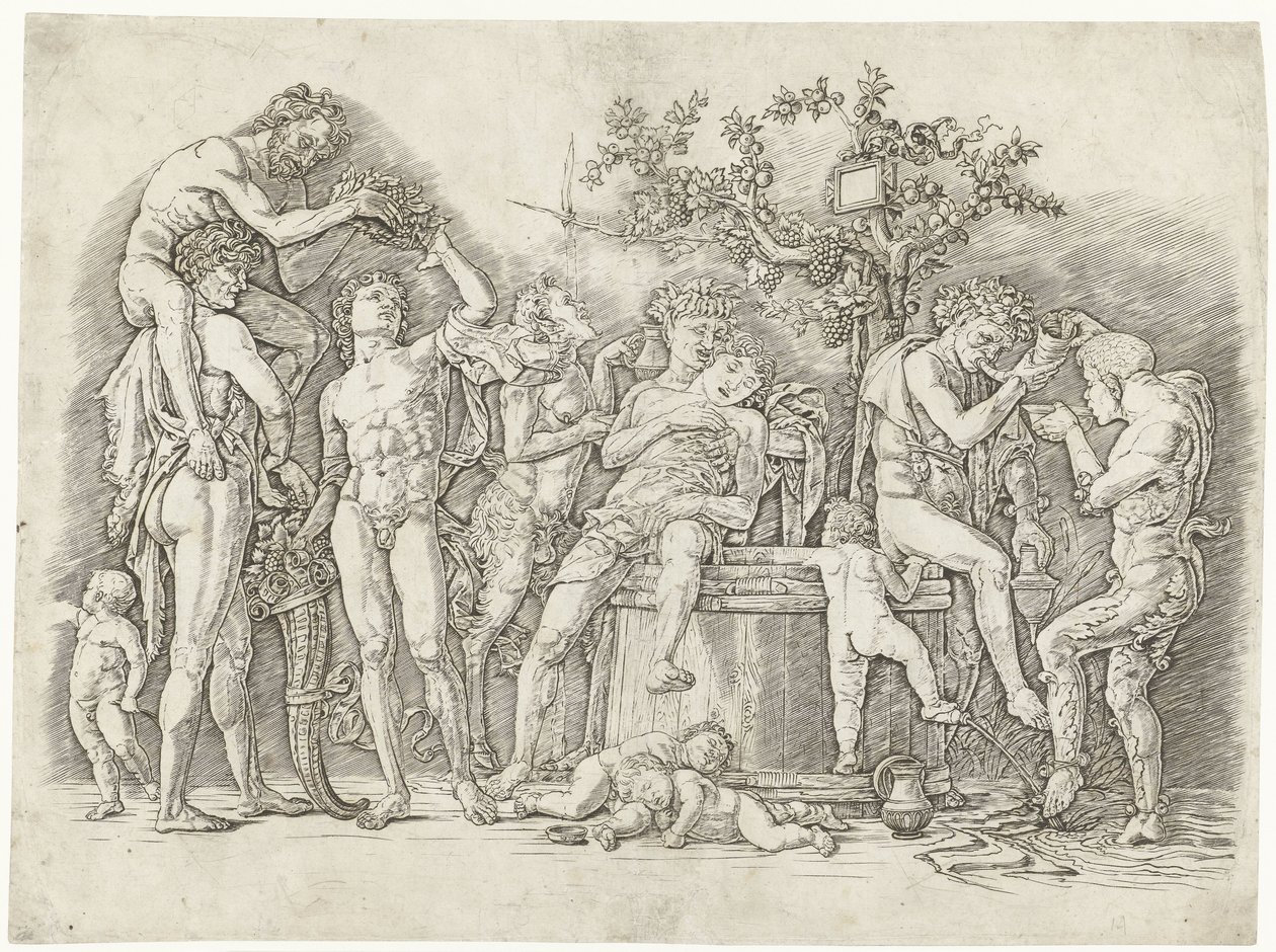 Bacanal com sátiros e bacanais em lagar de vinho de Andrea Mantegna