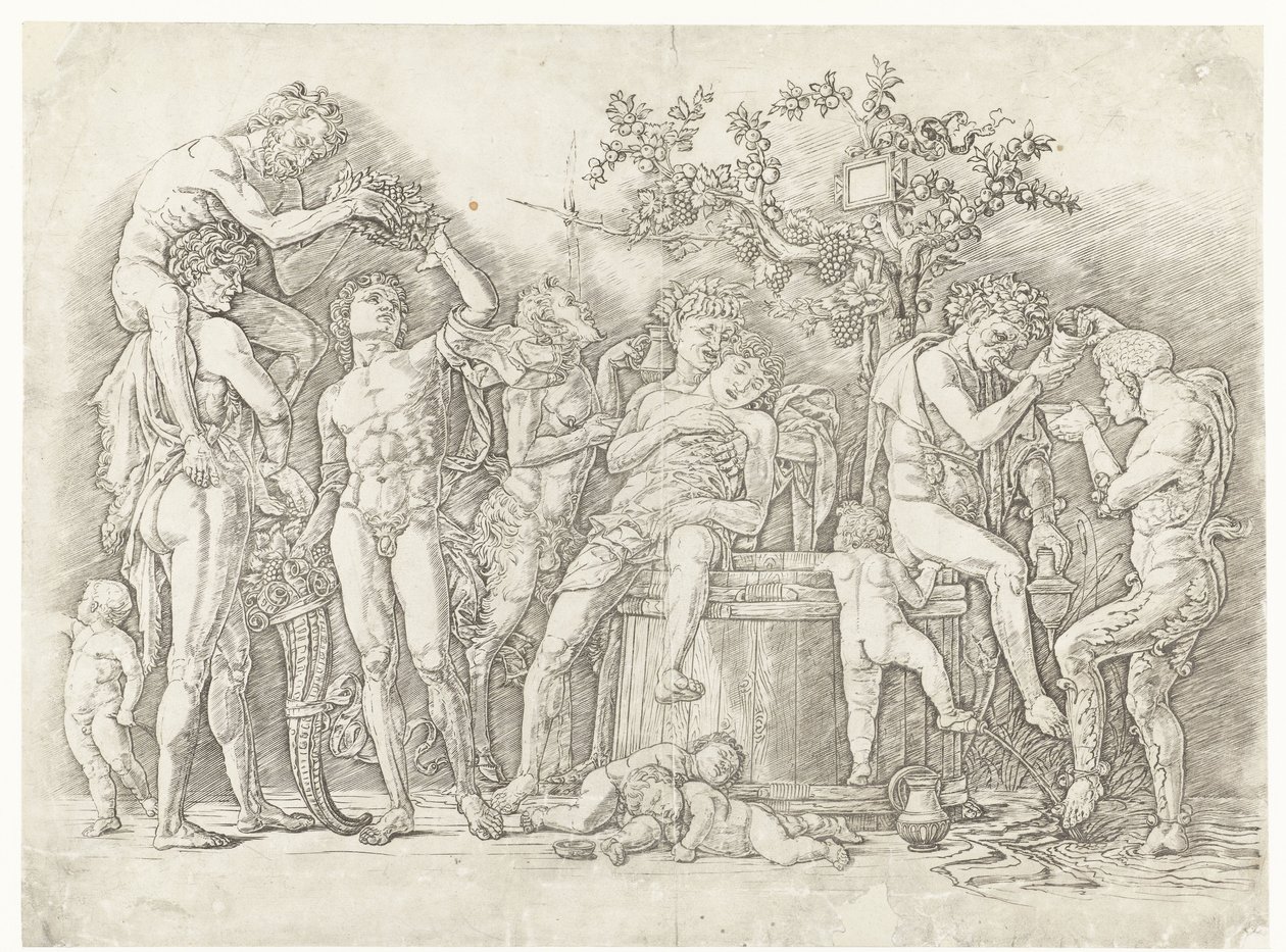 Bacanal com sátiros e bacanais em lagar de vinho de Andrea Mantegna