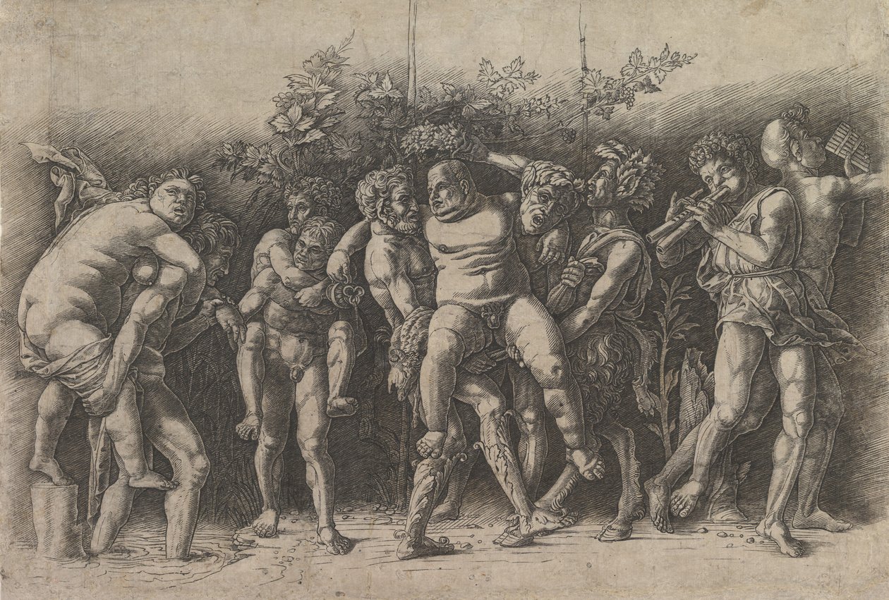 Bacanal com Silenus, uma composição de frisos com dez algarismos ao redor de Silenus que é ..., no início dos anos 1470. de Andrea Mantegna