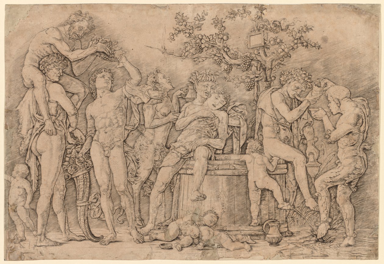 Bacanal com cuba de vinho de Andrea Mantegna