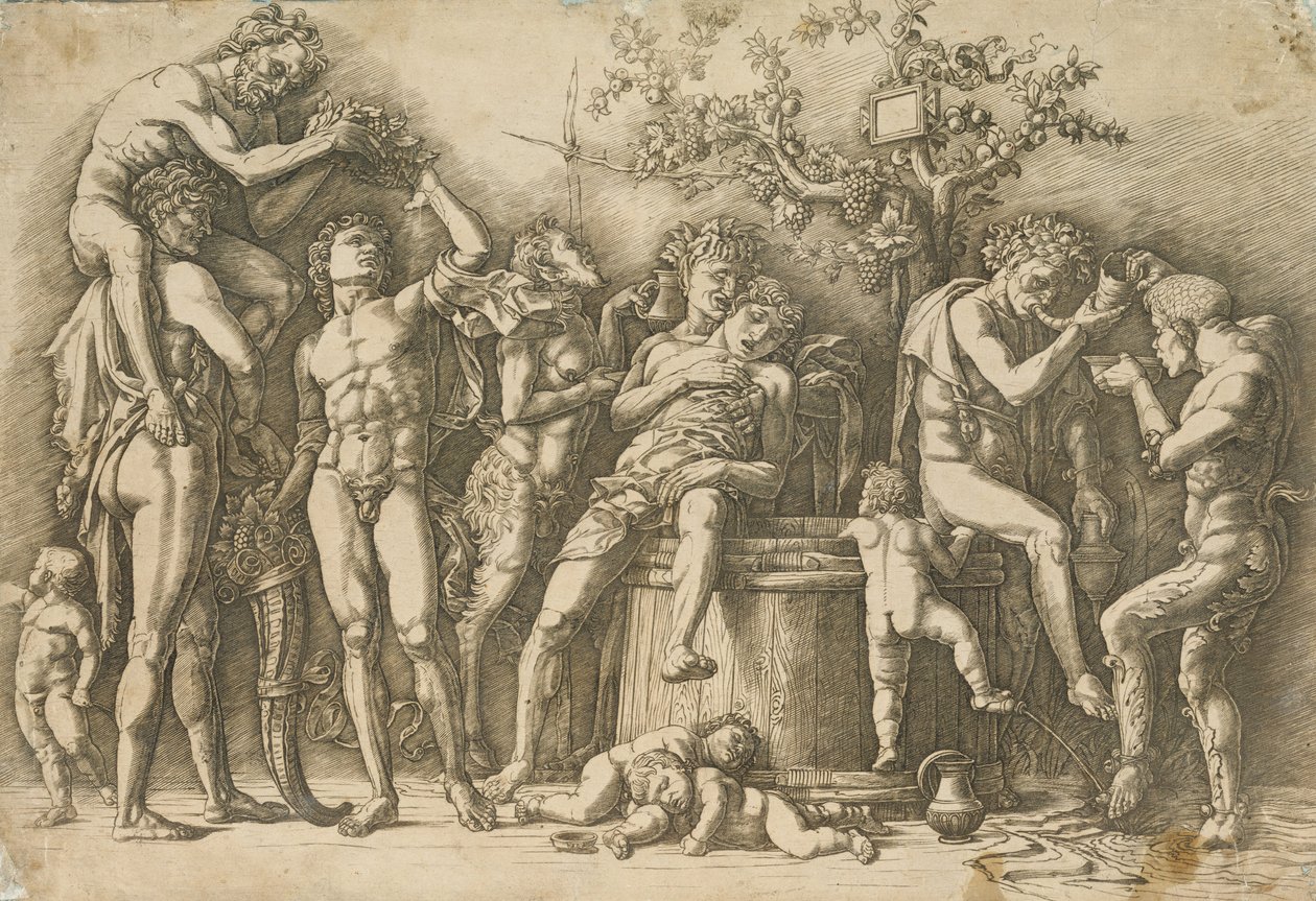 Bacanal com uma cuba de vinho, c.1470-90 (gravura e ponta seca) de Andrea Mantegna