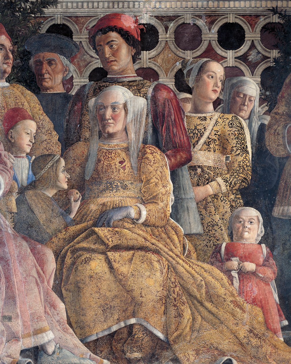 Bárbara de Brandenburgo com sua filha Paula e Rodolfo Gonzaga, detalhe da Court Wall, de Andrea Mantegna (1431-1506), fresco, Castelo de San Giorgio, Câmara de Casamento ou Camera Picta, Mântua de Andrea Mantegna