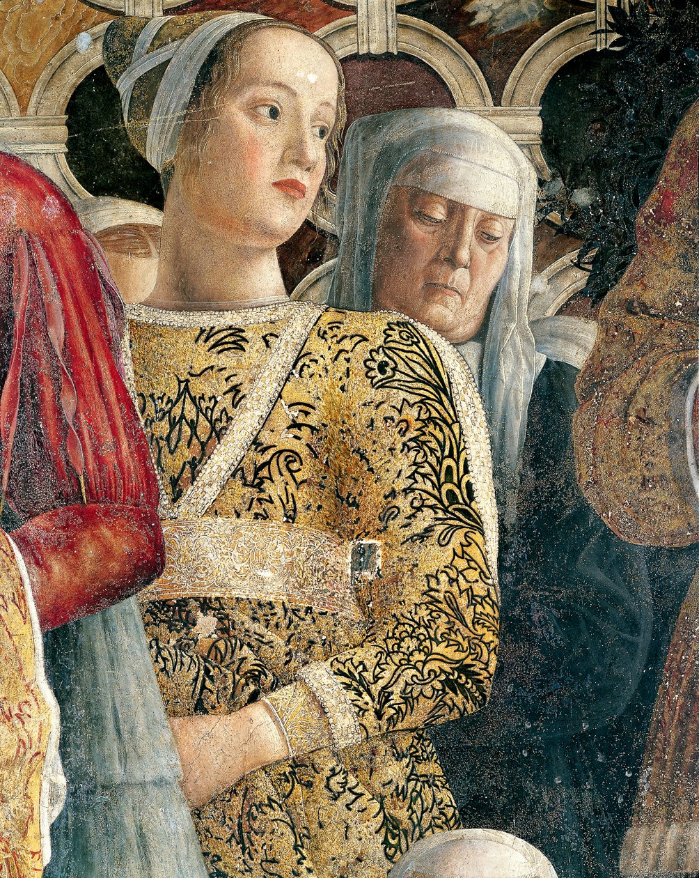 Barbarina Gonzaga, detalhe de Court Wall de Andrea Mantegna (1431-1606), fresco, Castelo de San Giorgio, Câmara de Casamento ou Camera Picta, Mântua de Andrea Mantegna