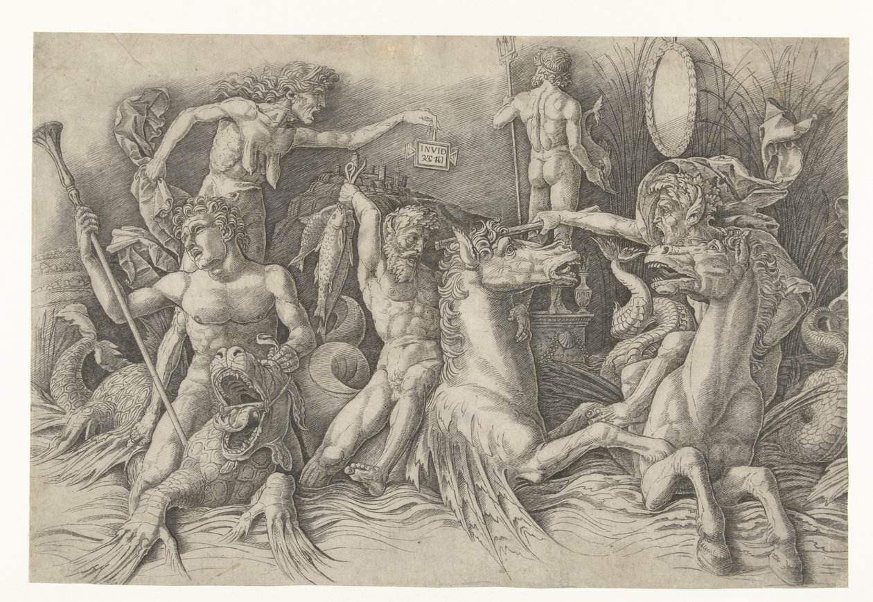Batalha dos Deuses do Mar, com Inveja (Invidia) à esquerda Batalha entre sátiros montados no hipocampo e a velha como personificação da inveja em pé nas costas do dragão Batalha dos Deuses do Mar de Andrea Mantegna